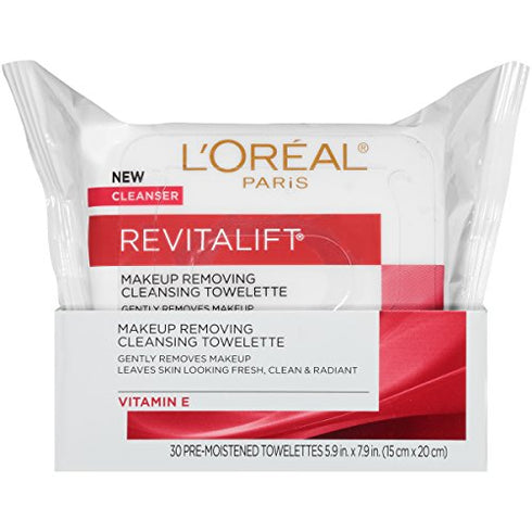 L'Oreal Paris Skincare Revitalift Makeup Removing Wipes with Vitamin E, Face Cleansing Towelettes, Gentle Makeup Remover, Removes Dirt, Sweat and Makeup, 30 Count