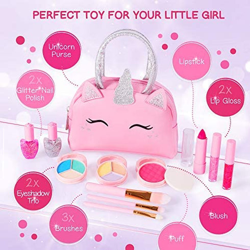 Kids Real Makeup Kit for Little Girls: with Pink Unicorn Bag - Real, Non Toxic, Washable Make Up Toy - Gift for Toddler Young Children Pretend Play Set Vanity for Ages 3 4 5 6 7 8 9 10 Years Old