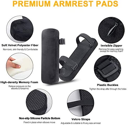 INTSUN Armrest Pad 2Pcs Padded Armrest Cushion Universal Arm Rest Pads with Adjustable Hook & Loop Fastener Elbow Pillow Memory Foam Arm Chair Covers for Office Chair, Wheelchair, Gaming Chair (black)
