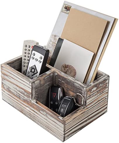 MyGift Rustic Torched Wood Office Desk Stationery Organizer - 3 Compartment Remote Control and Media Storage Holder
