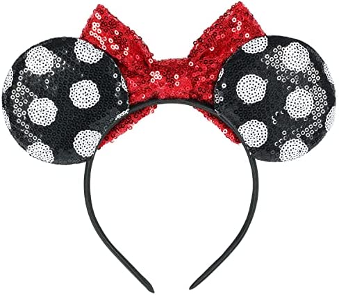 2 Pcs Mouse Ears Bow Headbands, Shiny Sequin Bow Headbands Classic Red Mouse Ears Headbands for Adult Women Girls