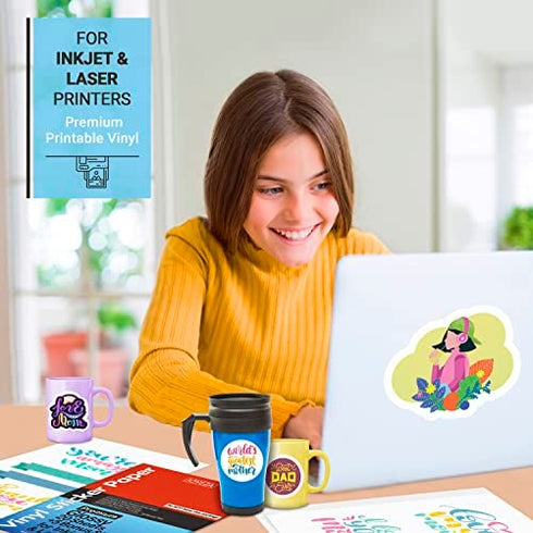 JOYEZA Premium Printable Vinyl Sticker Paper for Inkjet Printer - 25 Sheets Glossy White Waterproof, Dries Quickly Vivid Colors, Holds Ink well - Inkjet & Laser Printer