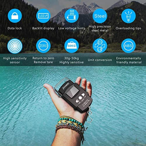 Fish Scale,JOOKKI Hanging Scale Portable Dial Scale LCD Digital Weight Electronic Scale 110lb/50kg with a Tape Measure for Tackle Bag,Luggage,Baggage,(Black)