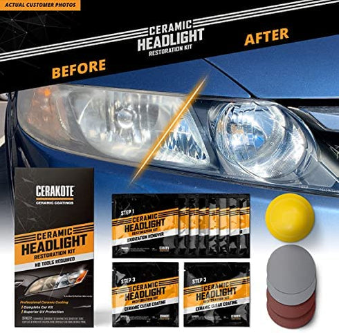 CERAKOTE Ceramic Headlight Restoration Kit – Guaranteed To Last As Long As You Own Your Vehicle – Brings Headlights back to Like New Condition - 3 Easy Steps - No Power Tools Required