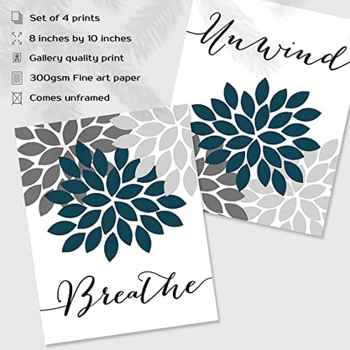 Relax Soak Unwind Breathe Bathroom Wall Decor, Bathroom Wall Art, Bathroom Pictures Wall Decor, Bathroom Decor Wall Art, Teal Blue Bathroom Decor, Bathroom Decor (Set of 4, 8X10in, Unframed)