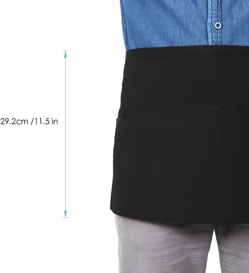 Syntus 6 Pack 3 Pockets 100% Cotton Waist 11.5-inch Long Kitchen Cooking Restaurant Bistro Craft Garden Half Aprons for Men, Women, Chef, Baker, Servers, Waitress, Waiter, Craftsmen, Black