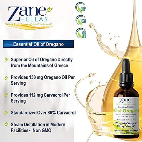 Zane Hellas 70% Oregano Oil. Greek Essential Oil of Oregano .86% Min Carvacrol. 112 mg Carvacrol Per Serving. Probably The Best Oregano Oil in The World. 1 fl. oz.- 30ml
