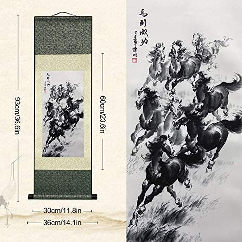 AtfArt Asian Wall Decor Beautiful Silk Scroll Painting Horse to Success - Win Instant Success Oriental Decor Chinese Art Wall Scroll Wall Hanging Painting Scroll (39 x 12 in)