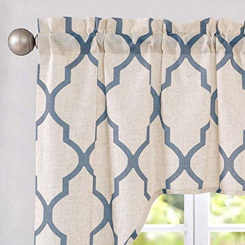 JINCHAN Valance Swag Moroccan Tile for Bedroom- Quatrefoil Flax Linen Blend Textured Geometry Lattice Print Window Treatment for Living Room 1 Panel 38 Inch Length Blue on Beige