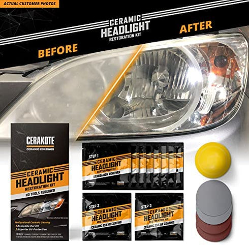 CERAKOTE Ceramic Headlight Restoration Kit – Guaranteed To Last As Long As You Own Your Vehicle – Brings Headlights back to Like New Condition - 3 Easy Steps - No Power Tools Required