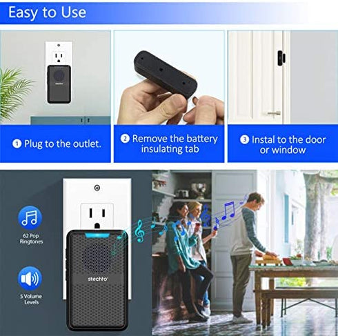 Wireless Door Chime,600Ft Range 5 Adjustable Volume 1 Magnetic Door open Contact Sensor with 62 Chimes Mute Mode Door Bell Plugin Receiver for Home/Office/Store STECHRO (Black)