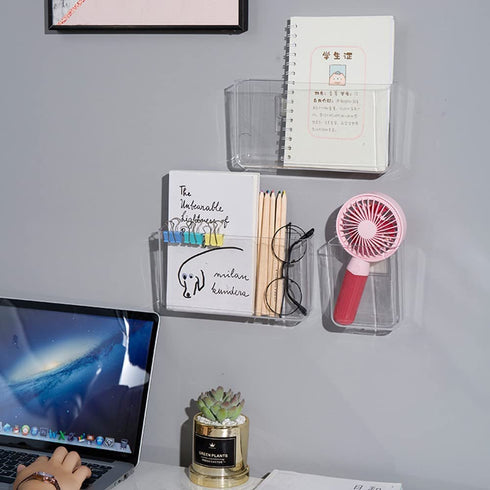 BUTEFO 2 Pack Wall Mount Remote Control Holder Media Organizer Storage Box Plastic Stationery Storage Box for Books Pencils Pens Acrylic Transparent Holder( Large 8.7x4.7inch )