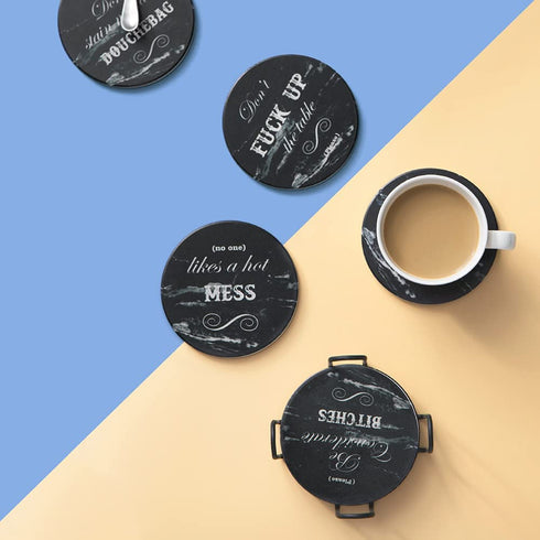 LIFVER Funny Coasters for Drinks with Holder, Set of 8 Black Marble Style Absorbent Drink Coasters with Cork Base, Ideal for Living Room Decor, Gifts for Women Men, Bar Coaster with 4 Sayings, 4 inch