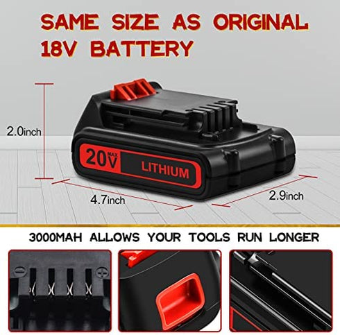 LBXR20 3000mAh Replacement for Black and Decker 20V Lithium Battery Compatible with B and D 20-Volt Max LBX20 LB20 LST220 LBXR20B-2 LBX4020 LBXR2020-OPE LB2X4020-OPE Cordless Power Tools