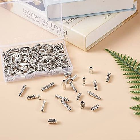 Craftdady 150Pcs Antique Silver Tube Bar Spacer Beads Tibetan Metal Column Barrel Drum Beads for Jewelry Crafts Making Hole:1.5-3.5mm