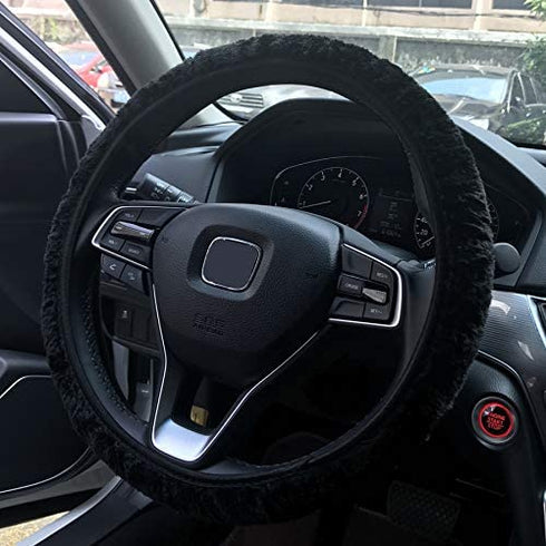 YOOFER Elastic Fluffy Plush Steering Wheel Cover for Warm in Winter, Fuzzy Steering Wheel Cover Universal 15 inches,Black