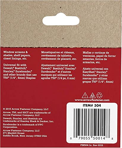 Arrow 504 Heavy Duty T50 1/4-Inch Staples for Upholstery, Construction, Furniture, Crafts, 1250-Pack