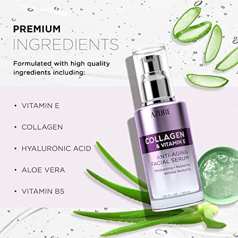 AZURE Collagen & Vitamin E Anti Aging Facial Serum - Restoring, Smoothing & Hydrating Face Serum - Reduces Fine Lines & Wrinkles, Repairs Dry, Tired & Dehydrated Skin - Skin Care Made in Korea - 50mL / 1.69 fl.oz.