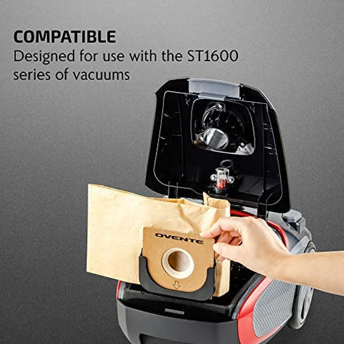 Ovente 4-Pack Premium Disposable Compact Dust Bag Replacement with 99.9% Ultra Filtration, Fit for ST1600 Canister Vacuum Cleaner Model Series Large Size and Easy Storage, Brown ACPST16704