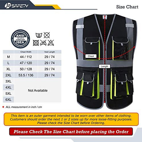 JKSafety 10 Pockets High Visibility Zipper Front Black Safety Vest with High Reflective Strips Meets ANSI/ISEA Standards (Medium, 88-Black)