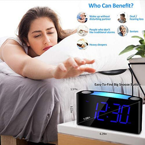 Extra Loud Vibrating Alarm Clock with Bed Shaker for Heavy Sleepers,Digital Bedroom Clock for Deaf Hearing Impaired Senior, 7 Night Light, Large LED Display,Dimmer, 2 USB Charger,12/24H,Battery Backup