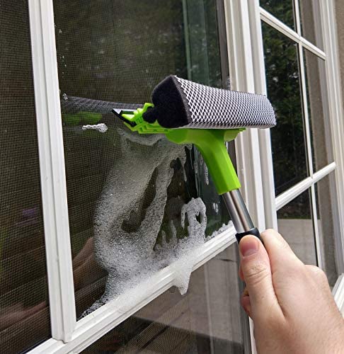 Window Squeegee Cleaning Tool | Squeegee Cleaner for Windows, Glass, Car Windshield | 2-in-1 Squeegee and Scrubber Sponge Washing Kit | Multi-Surface Washer - Indoor Outdoor Use