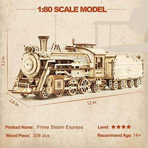 ROKR Model Car Kits Wooden 3D Puzzles Model Building Kits for Adults to Build - Educational Brain Teaser Assembly Model, for Teens & Kids Ages 8-10 (Prime Steam Express/12.1 * 2.7 * 3.3)