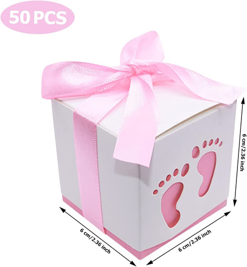50pcs Baby Shower Party Favor Boxes, Footprint Design Candy Treat Gift Boxes for Kids Birthday Baby Shower Guests Wedding Party Supplies with Ribbon,Pink