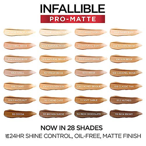 L'Oreal Paris Infallible Pro-Matte Liquid Longwear Foundation Makeup, 106 Sun Beige, 1 fl; oz.