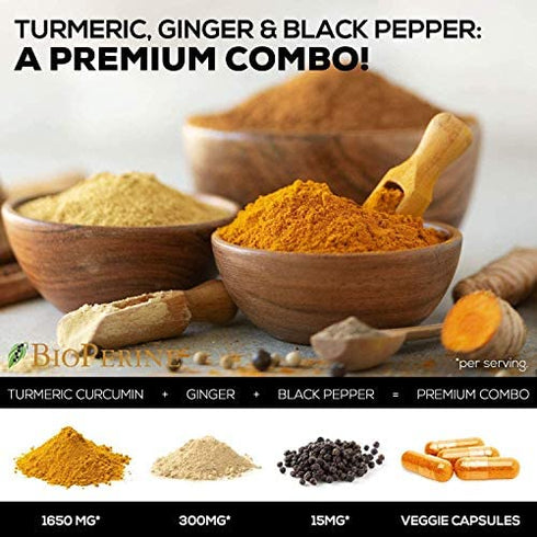 Turmeric Curcumin with BioPerine & Ginger 95% Curcuminoids 1950mg - Natural Joint Inflammatory Support, Black Pepper for Max Absorption, Nature's Tumeric Extract Supplement - 60 Capsules