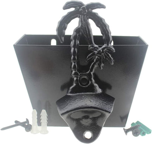 Black Bottle Opener Wall Mounted Palm Tree Rustic Bottle Opener Cap Catcher (Black Coconut)1