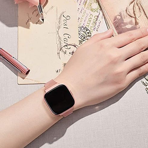 2 Pack Metal Silm Bands for Fitbit Versa 2 & Fitbit Versa & Versa Lite & Versa SE, Stainless Steel Metal Clasp Thin Replacement Bands for Versa 2 Women Men (For 6.7"-8.7" Wrists, Rose Pink+Rose Gold)