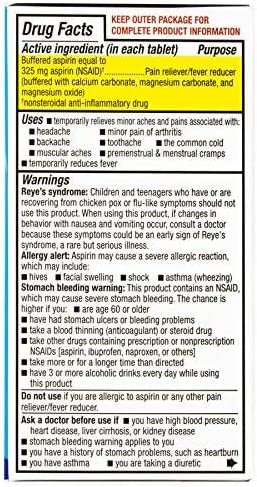 Bufferin Aspirin Pain Reliever/Fever Reducer Coated Tablets, Relieves Headache, Arthritis, Backache & Menstrual Cramps, Contains Antacids, 325mg, 130 Count (Pack of 3)