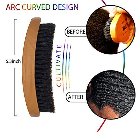 Wolfin Pro- Premium Curved 360 Wave Brush, 100% Natural Schima Superba Wood with Reinforced Pure Black Medium Boar Hair Bristle - Perfect for Wolfing, Creating 360 Layer Hair Waves, Cultivating Beards