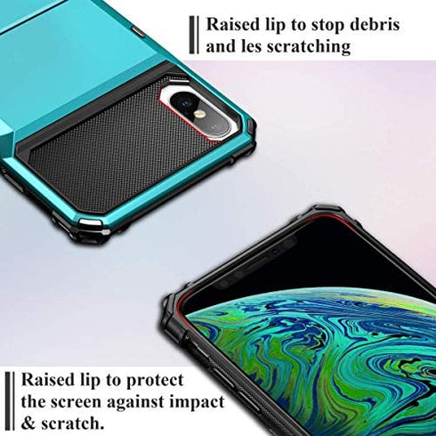 SAMONPOW Credit Card Holder Case for iPhone X iPhone Xs Case with 4 Card Holder Hard PC Soft Hybrid Rubber Anti Scratch Shockproof Heavy Duty Cover for iPhone X XS iPhone10 5.8 inch Sky Blue