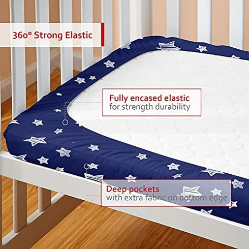 Pack and Play Mattress Pad Cover, Breathable Pack and Play Sheet Quilted, Thick Play Yard Playpen Sheets 39"×27"×5" Fits Graco Play Yards and Foldable Mattress Pad (Navy Star)