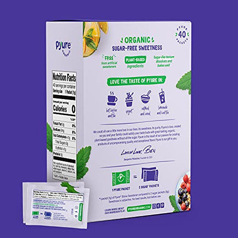 Pyure Organic Stevia Packets | Granulated Sugar Packets - White Sugar Substitute | Zero Carb, Zero Sugar, Zero Calorie Sweetener Packets | Plant-Based Stevia Packets for Keto Coffee | 40 Count