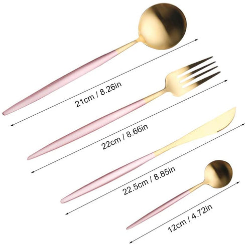 4 Pieces Stainless Steel Tableware Set Flatware Cutlery Set Including Steak Fork Spoons Knife Dinnerware Anti-Rust Utensil Set(Pink + Golden)