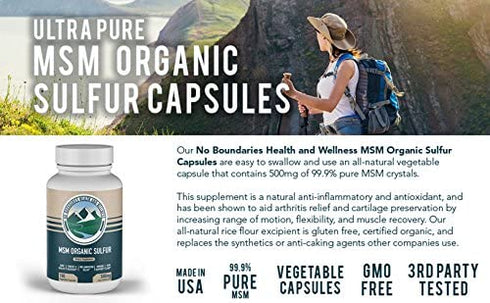500mg MSM Organic Sulfur Capsules by No Boundaries Health and Wellness – 180 Vegetable Capsules: No Excipients or Fillers – Premium Health Supplement: 99.9% Pure MSM Powder – Joints, Skin, Hair, Nail