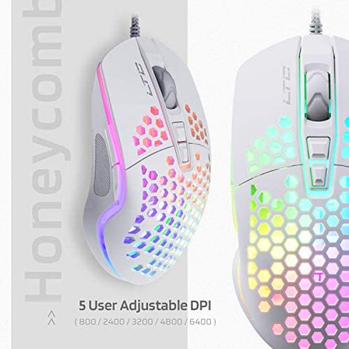 LTC Circle Pit HM-001 RGB Gaming Mouse with Lightweight Honeycomb Shell, Adjusted 6400DPI, 6 Programmable Buttons (White)