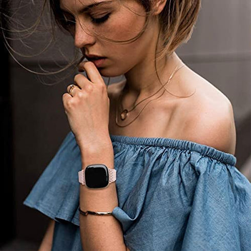 UHKZ 4 Pack Elastic Nylon Bands Compatible with Fitbit Versa 3/Fitbit Sense,Stretchy Fabric Sport Band for Fitbit Versa Smart Watch for Women Men,Black/Rose Pink/White/Smokey Mauve