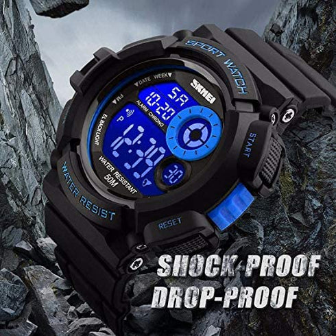 Skmei Mens Sport Running Watch, Digital Electronic 50M Waterproof Military Army Sports LED Wristwatch Water Resistant with Stopwatch Unique Dial 7 Color Changeable Backlight - Blue