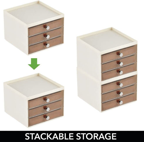 mDesign Plastic Small 3-Drawer Jewelry Organizer Box for Storage on Dresser, Vanity, Countertop - Holds Earrings, Bracelets, Necklaces, Bangles, Rings, 2 Pack - Cream/Brown