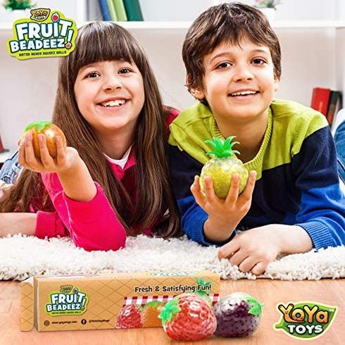 YoYa Toys Beadeez Squishy Fruit Stress Balls Toy (4-Pack) Tropical Designs Filled with Colorful, Squeezable Gel Water Beads - Promote Stress Relief, Calm Focus, Fun Play - Girls, Boys, Adults