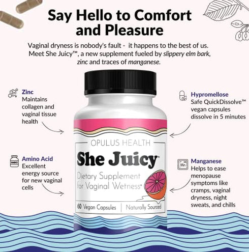 Flower Power She Juicy 60 ct - Vaginal Dryness with Slippery Elm Bark - Made in USA