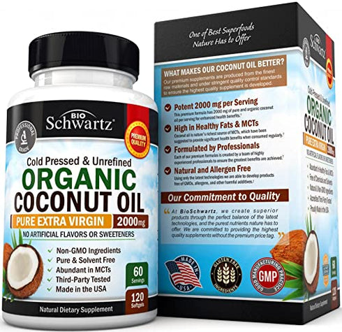 Coconut Oil Capsules 2000mg - Organic Pure Extra Virgin Unrefined Cold Pressed & Non-GMO for Healthy Skin Nails Weight Loss Hair Growth Brain Health Bloat Blood Pressure Anti Aging Digestion - 120ct