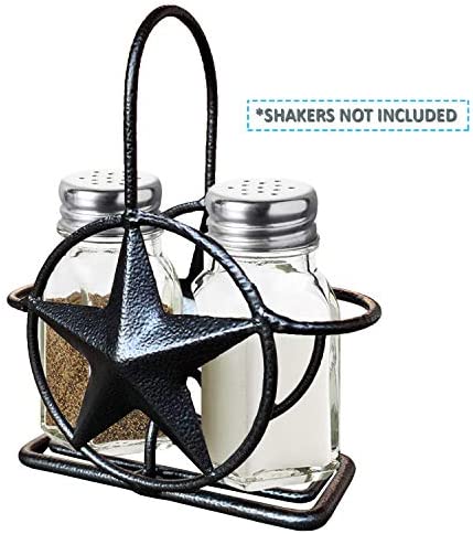 Black Rustic Texas Star Salt and Pepper Holder - Country Farmhouse Iron Metal Primitive Kitchen Countertop Holders, Western Style Caddy for Shakers, Table Counter Decor (Salt & Pepper Shaker Holder)