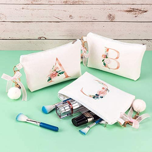 PARBEE Floral Initial Canvas Makeup Bag Zipper Cosmetic Pouch with Keychain, Monogrammed Gift for Girls Women Mom Teacher Birthday Valentine's Day Mother's Day Bridal Shower