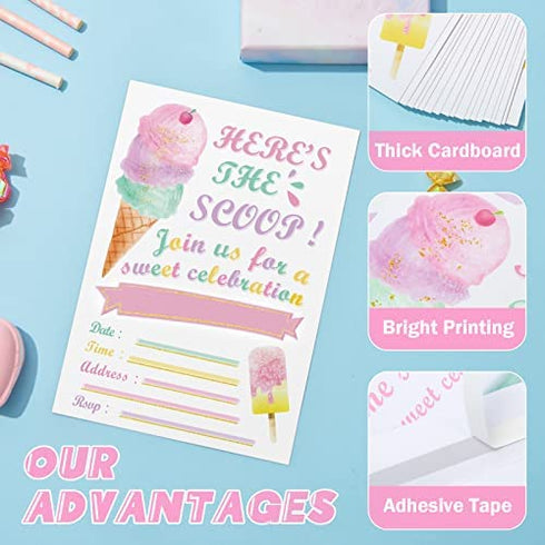 WERNNSAI Glitter Ice Cream Party Invitations with Envelopes - 20 Count Pink Sweet Popsicle Fill in Invite Cards for Girls Birthday Baby Shower Wedding Summer Pool Beach Party Supplies