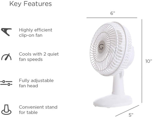 Genesis 6-Inch Clip Convertible Table-Top & Clip Fan Two Quiet Speeds - Ideal For The Home, Office, Dorm, More White (A1CLIPFANWHITE)